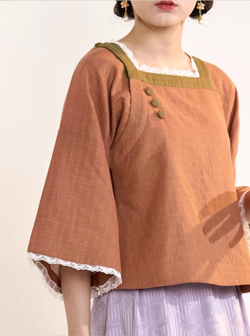 Meng Tan 梦田 Field of Dreams 1920s Restoration Square Collar Bell Sleeve Top