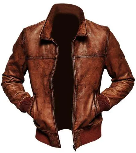 Mens Biker Motorcycle Vintage Distressed Brown Bomber Leather Jacket