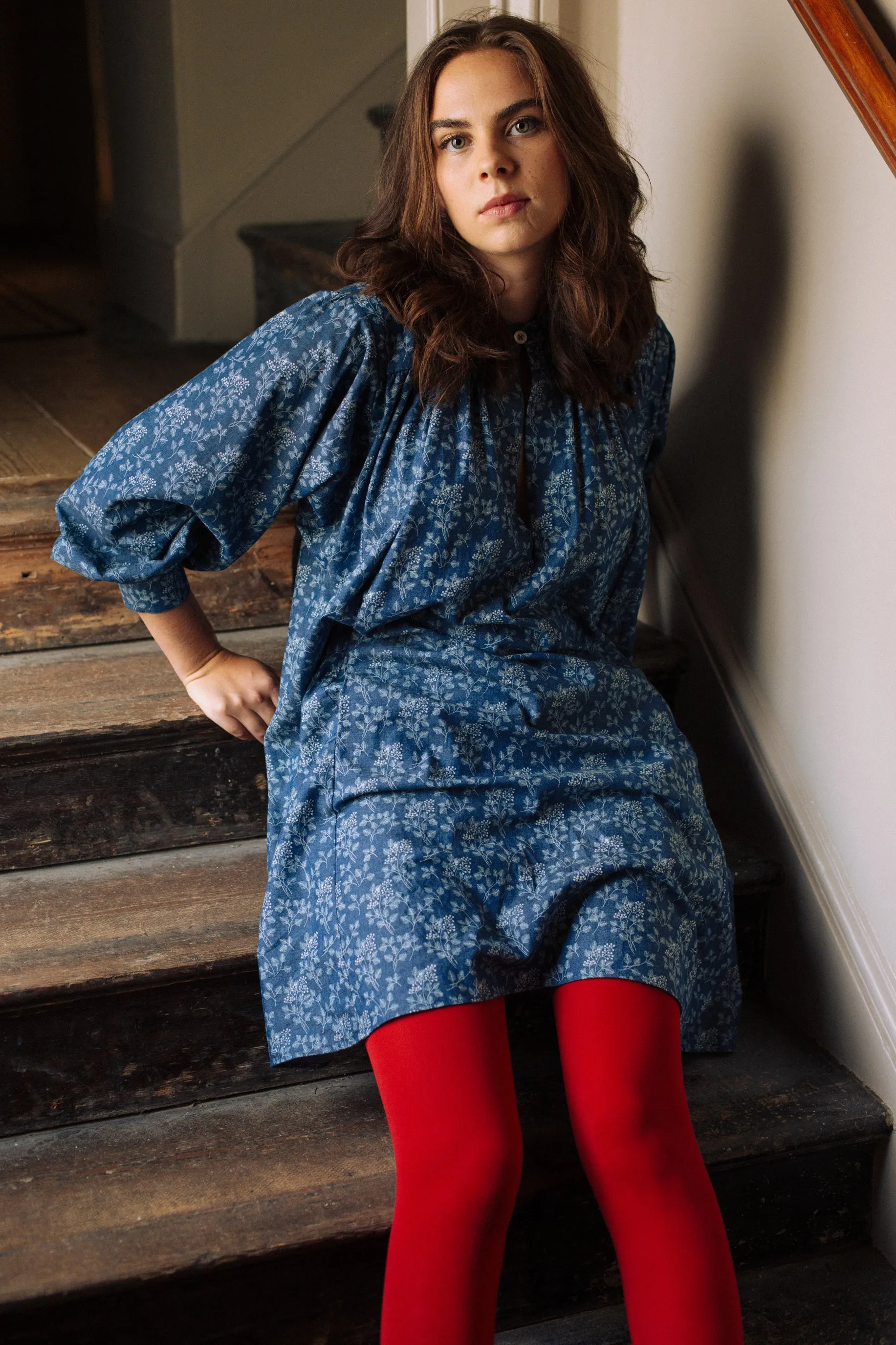 Midhurst Smock Dress in Denim Sprig Print