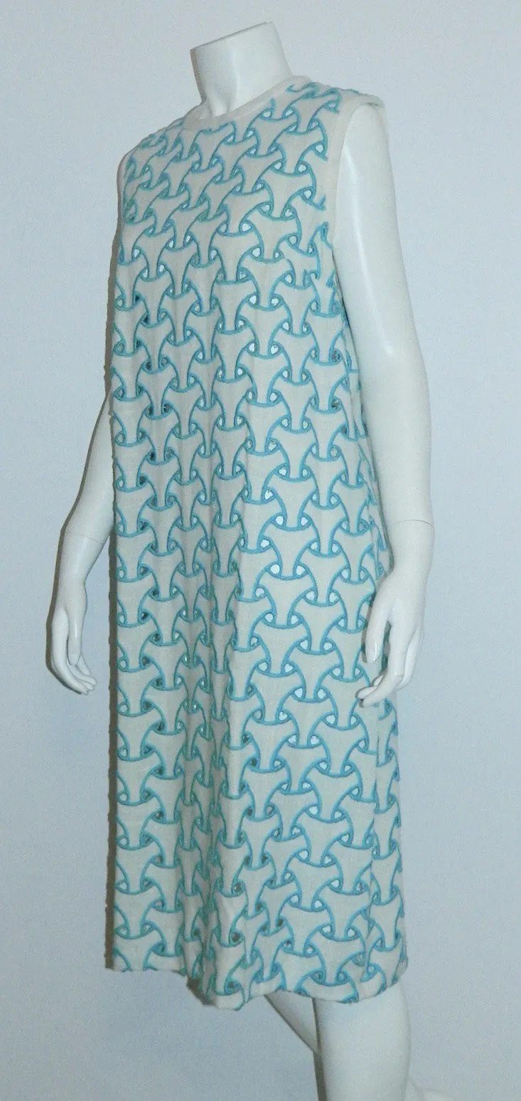 MOD vintage 1960s cut out dress L'Aiglon white sleeveless sheath / trompe l'oeil embroidery