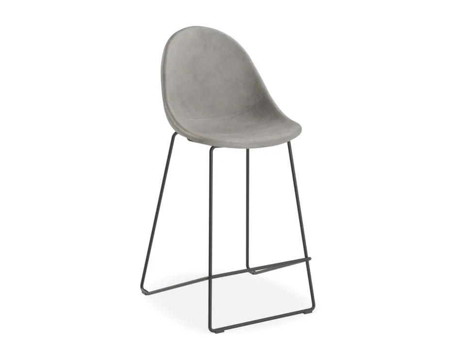 Pebble Stool Grey Upholstered Vintage Seat - Bar Stool 75cm Seat - White Base