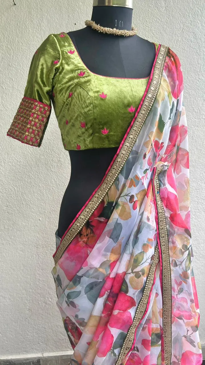 Pink floral organza saree with green velvet embroidered blouse