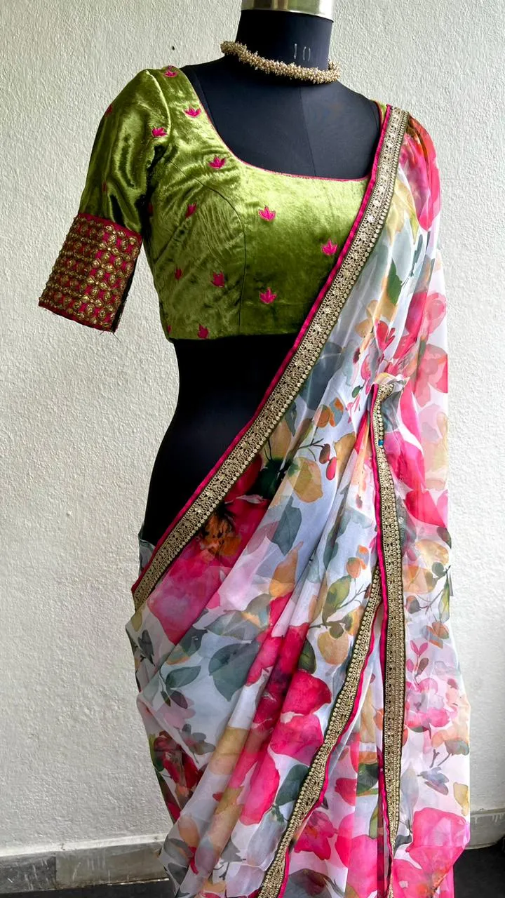 Pink floral organza saree with green velvet embroidered blouse