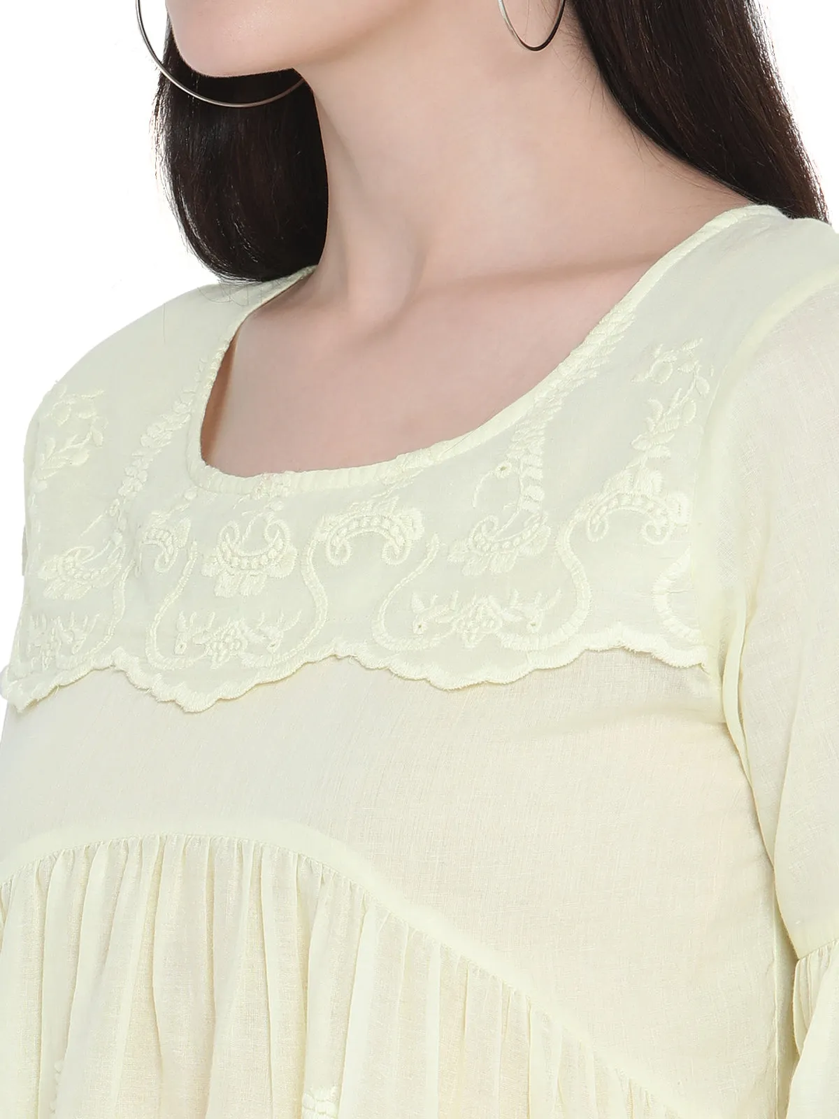 Porsorte Womens Cotton embroidery Bell Sleeve Light Blue Top