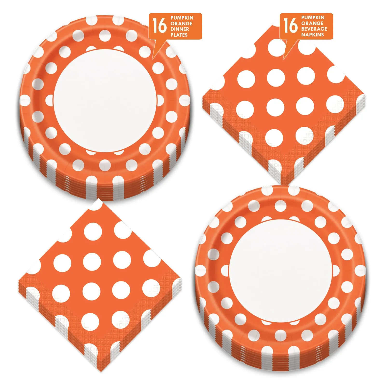 Pumpkin Orange Polka Dot Round Paper Dinner Plates and Beverage Napkins (Serves 16)