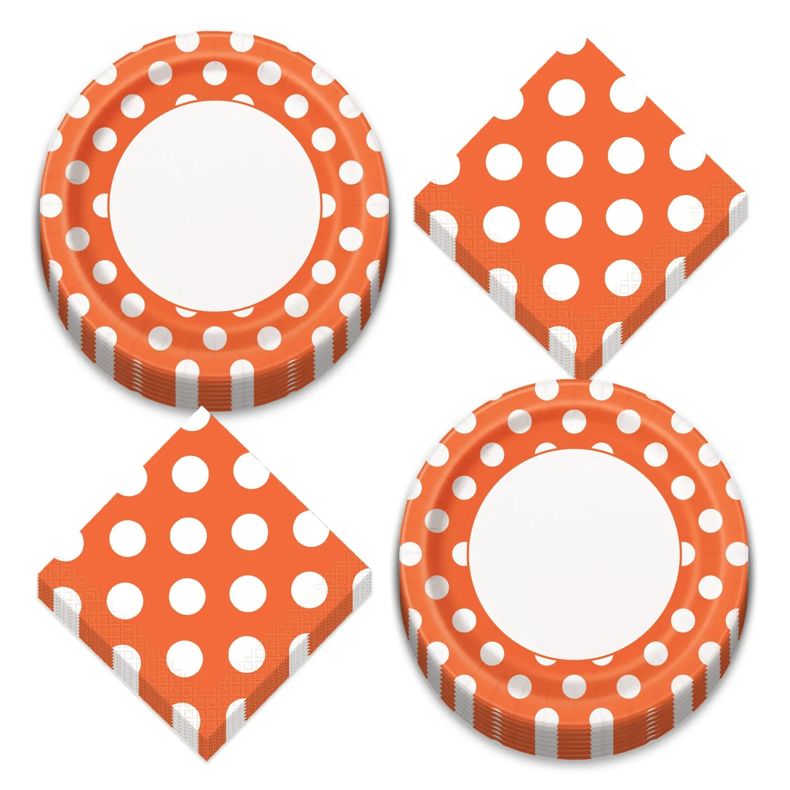 Pumpkin Orange Polka Dot Round Paper Dinner Plates and Beverage Napkins (Serves 16)