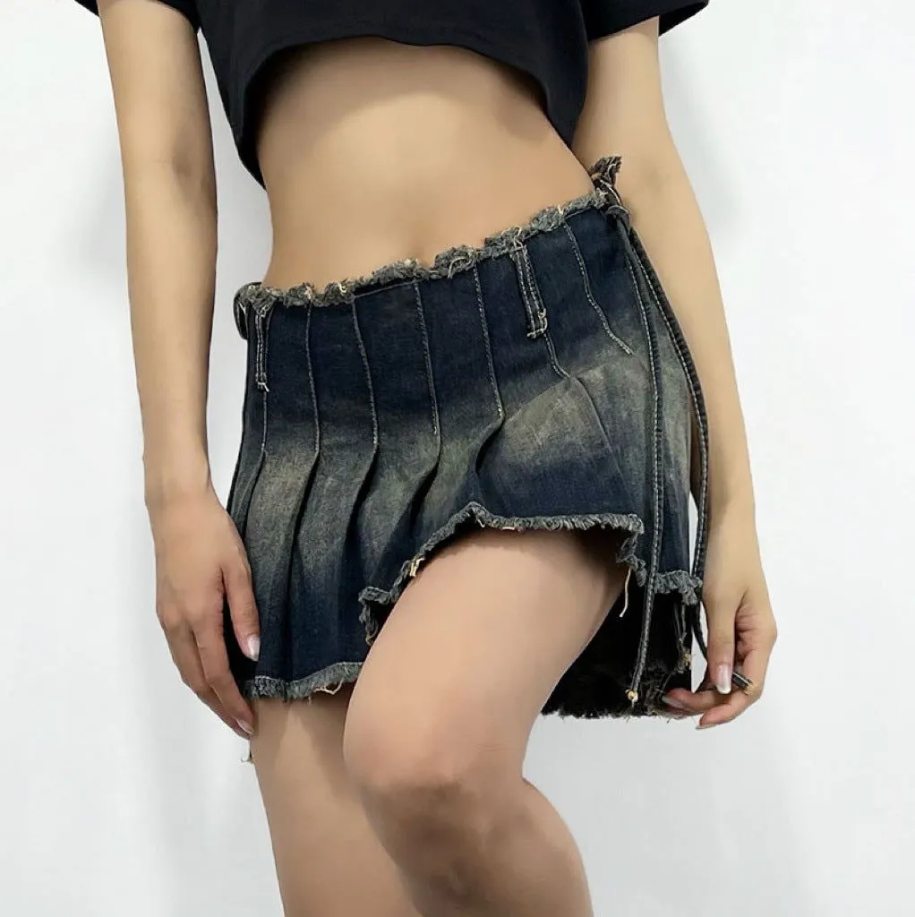 Sexy Denim Skirt Women Summer All-Match Distressed Frayed Edge High Waist with Straps Pleated Skirt