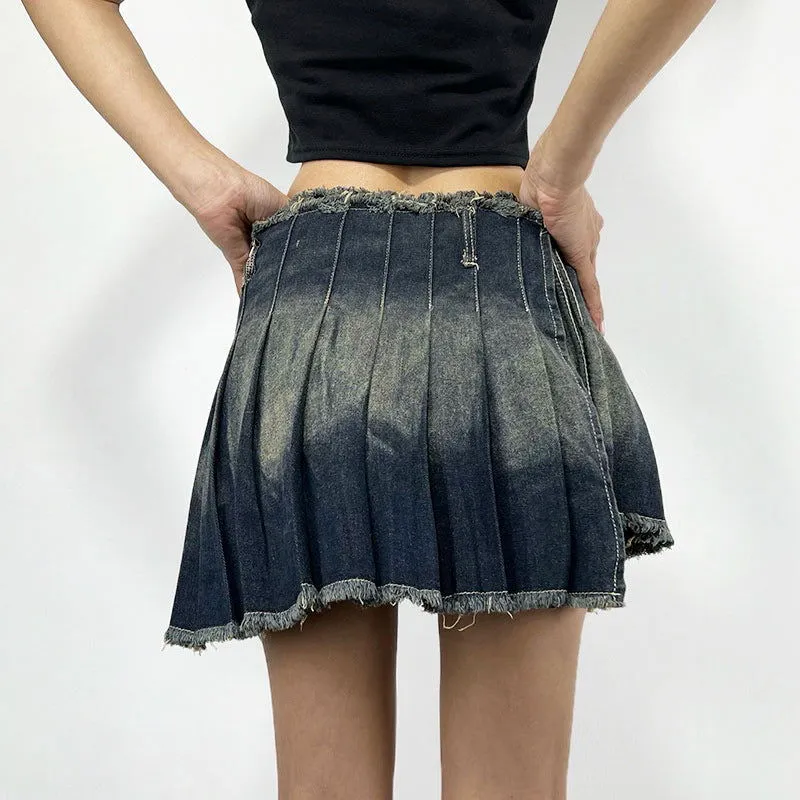 Sexy Denim Skirt Women Summer All-Match Distressed Frayed Edge High Waist with Straps Pleated Skirt