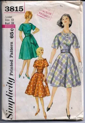 Simplicity 3815 Junior Ladies Dress Cummerbund Vintage Sewing Pattern 1960s