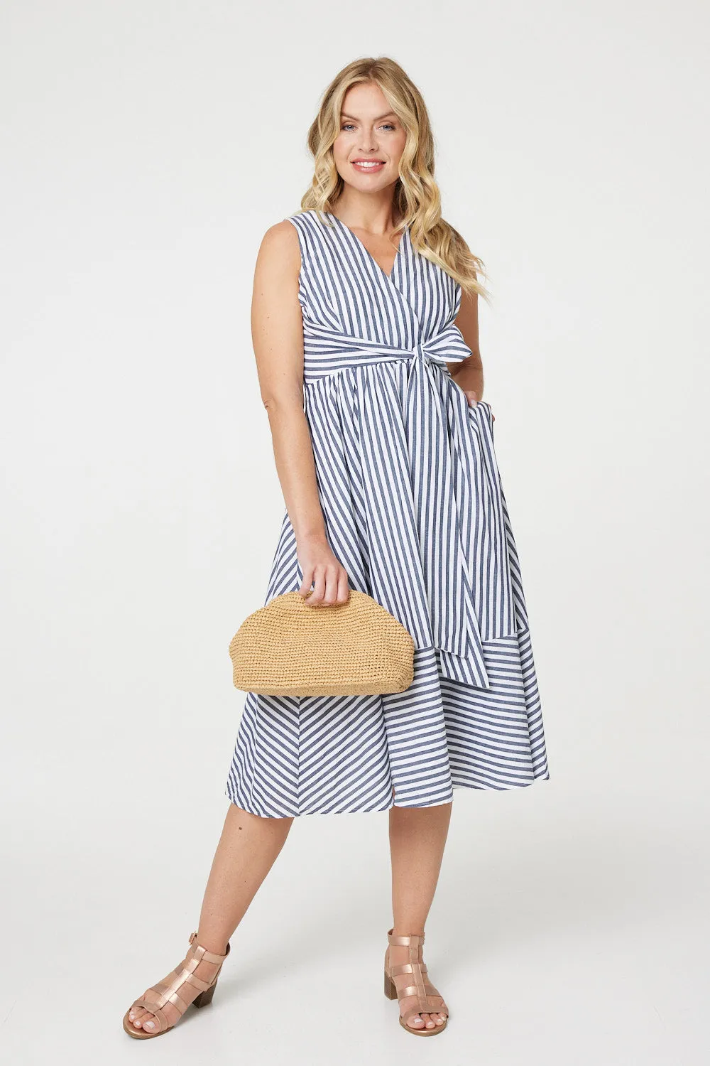 Striped Tie Waist Tiered Midi Dress