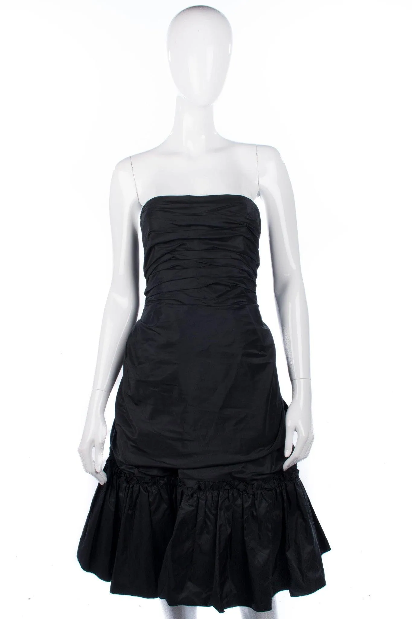 Superb Taffeta Vintage Cocktail Dress with Ruffle Details Black Uk Size 8 (S)