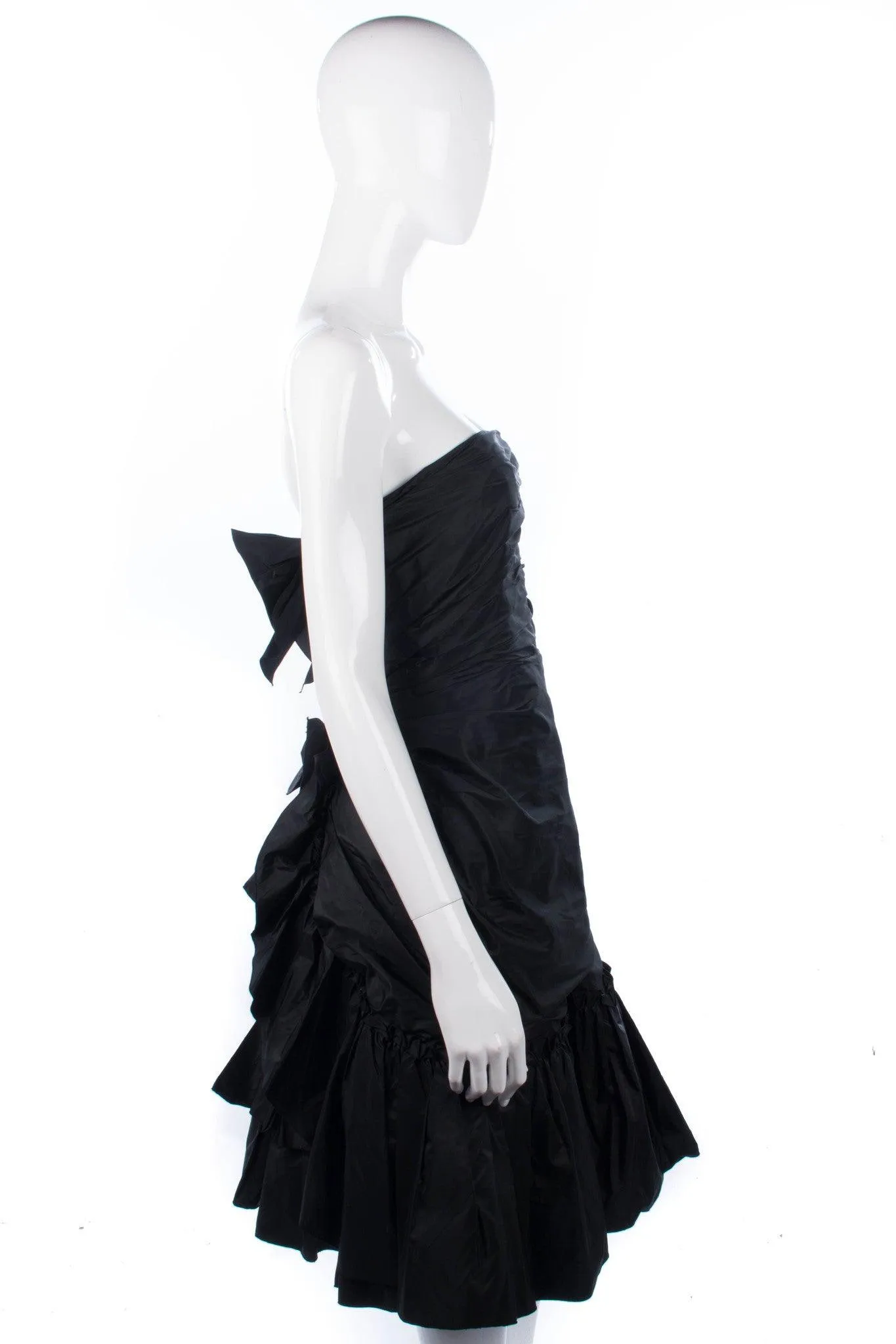 Superb Taffeta Vintage Cocktail Dress with Ruffle Details Black Uk Size 8 (S)