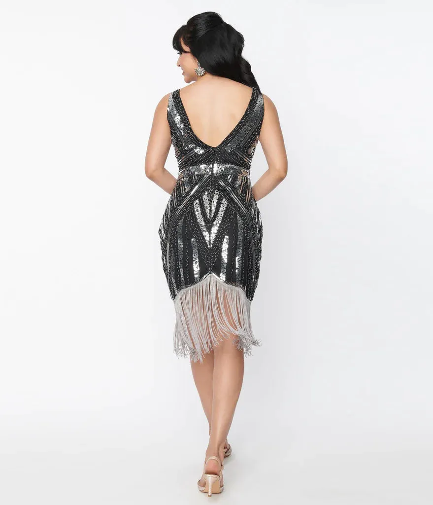 Unique Vintage Plus Size Black & Silver Sequin Flapper Dress