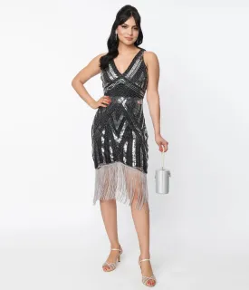 Unique Vintage Plus Size Black & Silver Sequin Flapper Dress