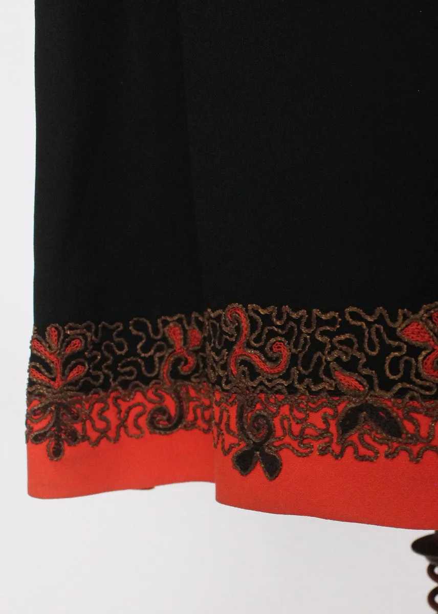 Vintage 1930s Black and Orange Dress with Metallic Soutache