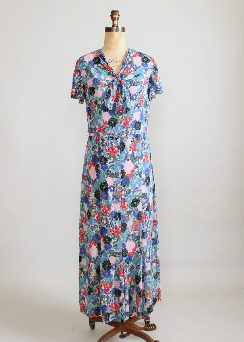 Vintage 1930s Blue, Red, and Pink Floral Crepe Dress