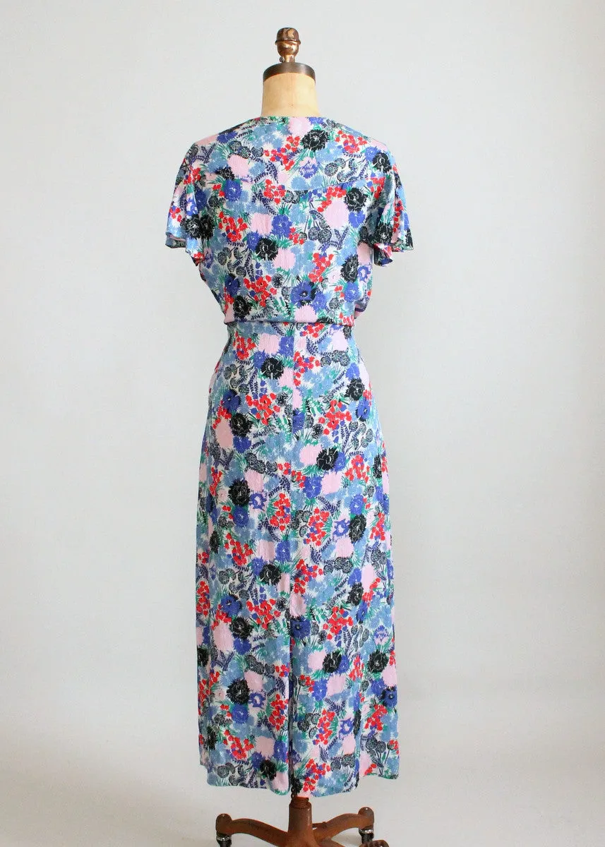 Vintage 1930s Blue, Red, and Pink Floral Crepe Dress