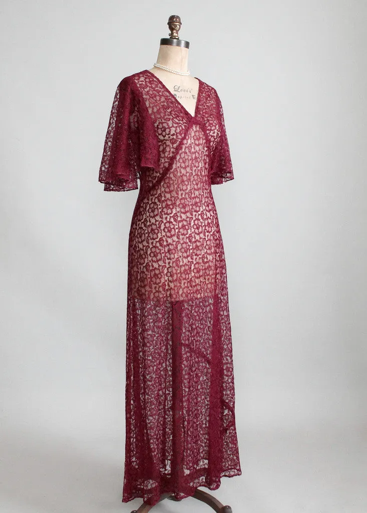 Vintage 1930s Cranberry Lace Evening Dress