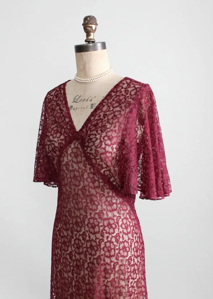 Vintage 1930s Cranberry Lace Evening Dress