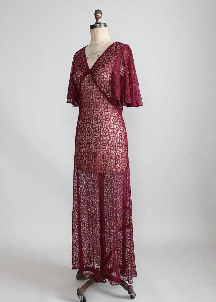 Vintage 1930s Cranberry Lace Evening Dress