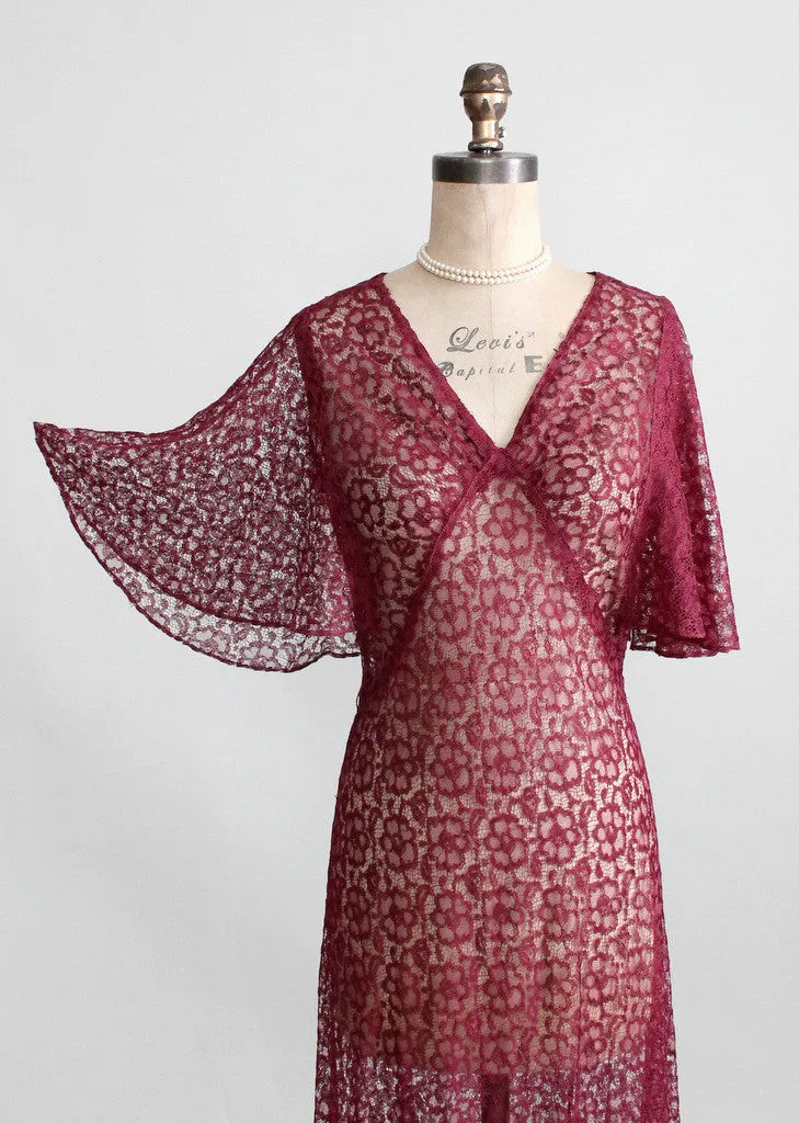 Vintage 1930s Cranberry Lace Evening Dress