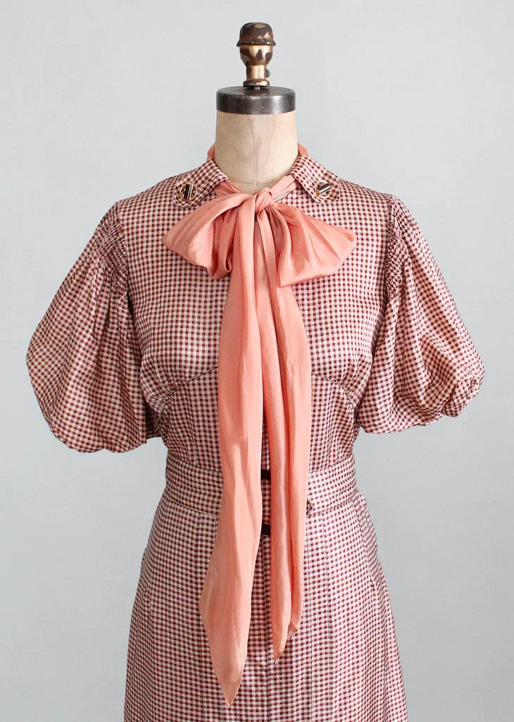 Vintage 1930s Taffeta Check Day Dress with Puff Sleeves