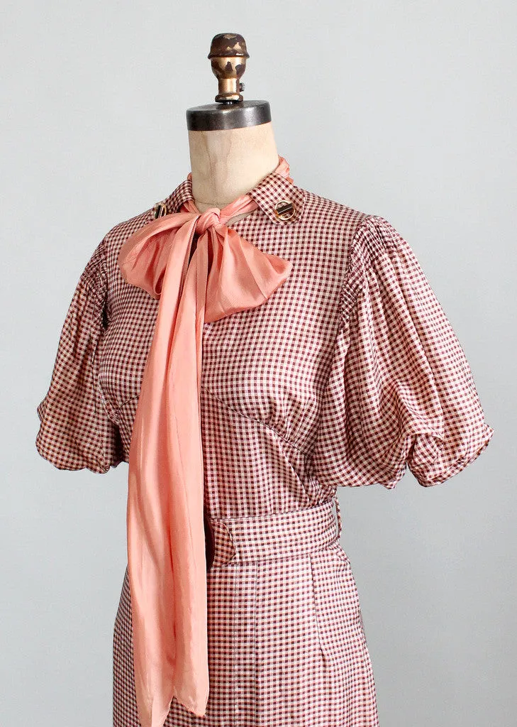 Vintage 1930s Taffeta Check Day Dress with Puff Sleeves