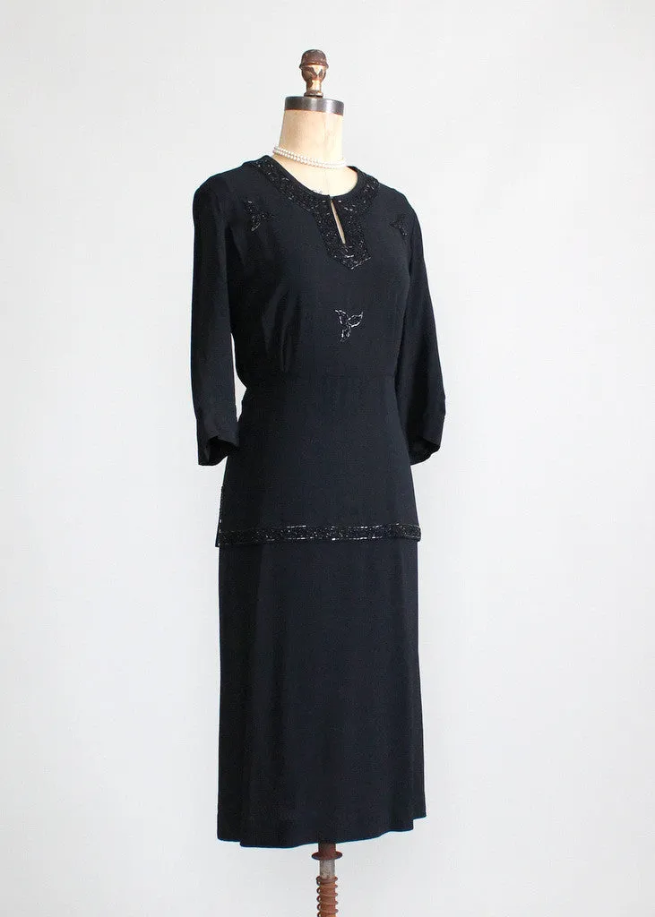 Vintage 1940s Noir Beaded Peplum Crepe Dress