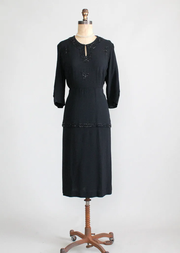 Vintage 1940s Noir Beaded Peplum Crepe Dress