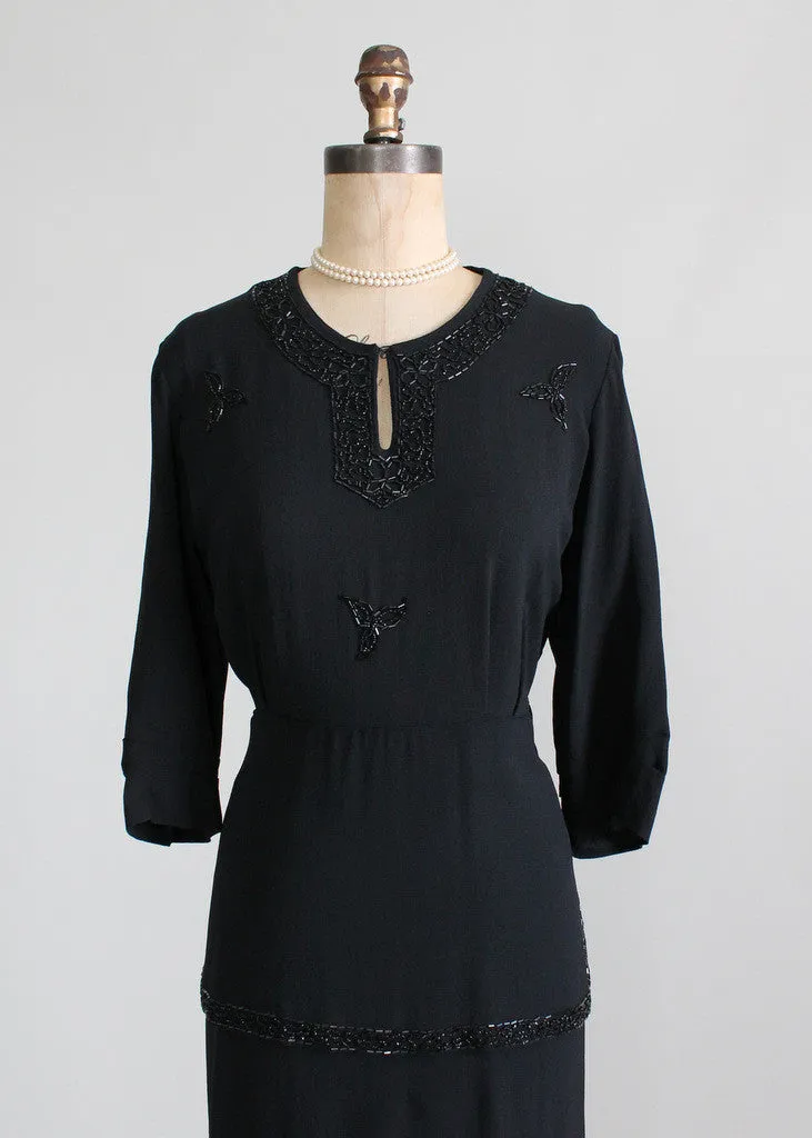 Vintage 1940s Noir Beaded Peplum Crepe Dress