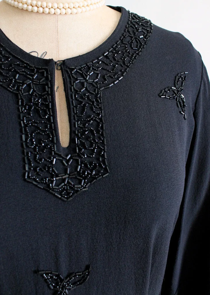 Vintage 1940s Noir Beaded Peplum Crepe Dress