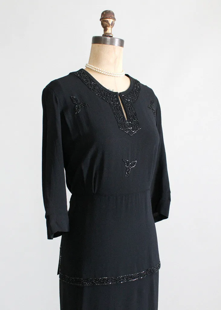 Vintage 1940s Noir Beaded Peplum Crepe Dress