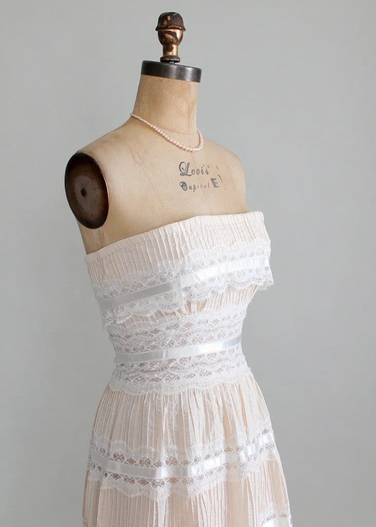 Vintage 1960s Strapless Cotton and Lace Boho Wedding Dress