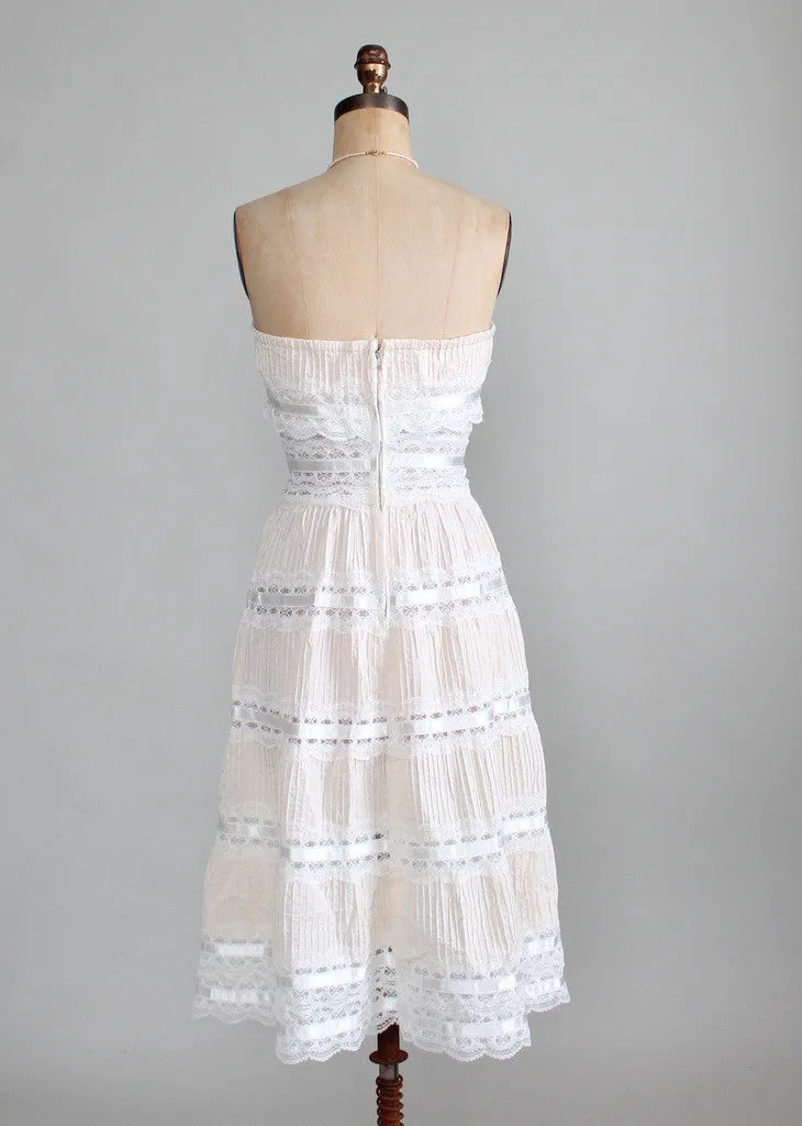 Vintage 1960s Strapless Cotton and Lace Boho Wedding Dress