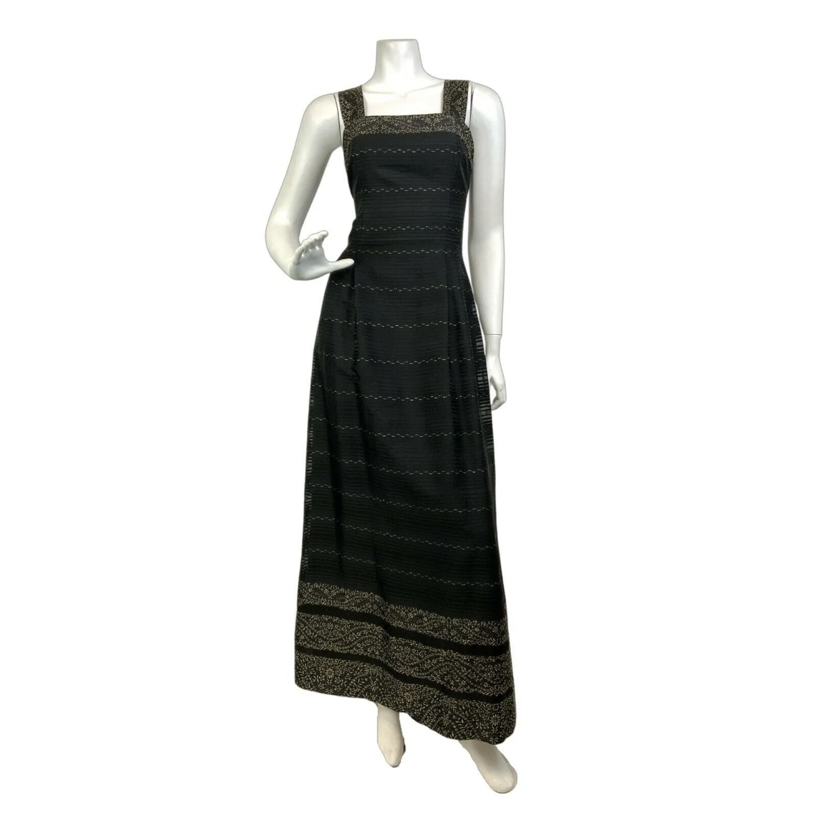 VINTAGE 60s 70s BLACK GOLD STRIPED FLORAL EMBROIDERED PARTY GLAM MAXI DRESS 8