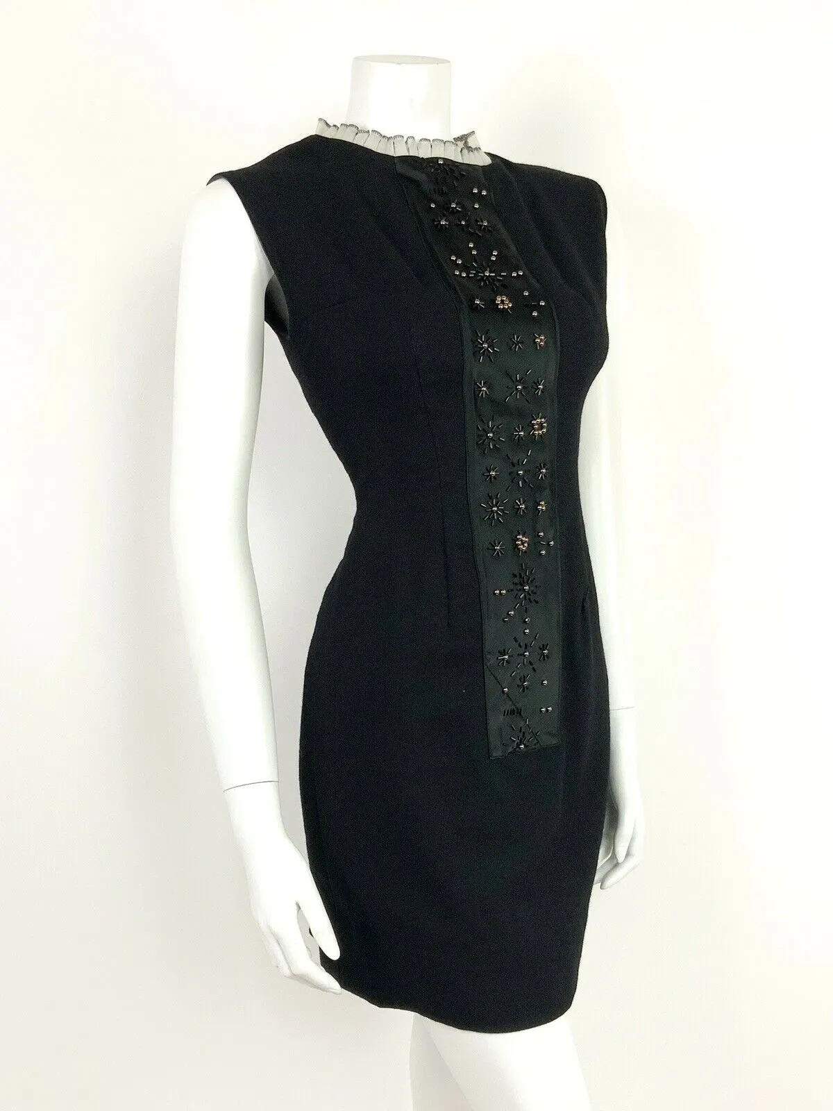 VINTAGE 60s 70s BLACK GOLD WHITE RUFFLED BEADED STAR TUNIC DRESS 8