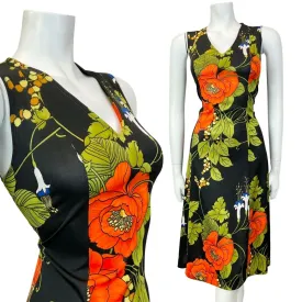 VINTAGE 60s 70s BLACK ORANGE GREEN FLORAL SLEEVELESS SUMMER DRESS 10 12