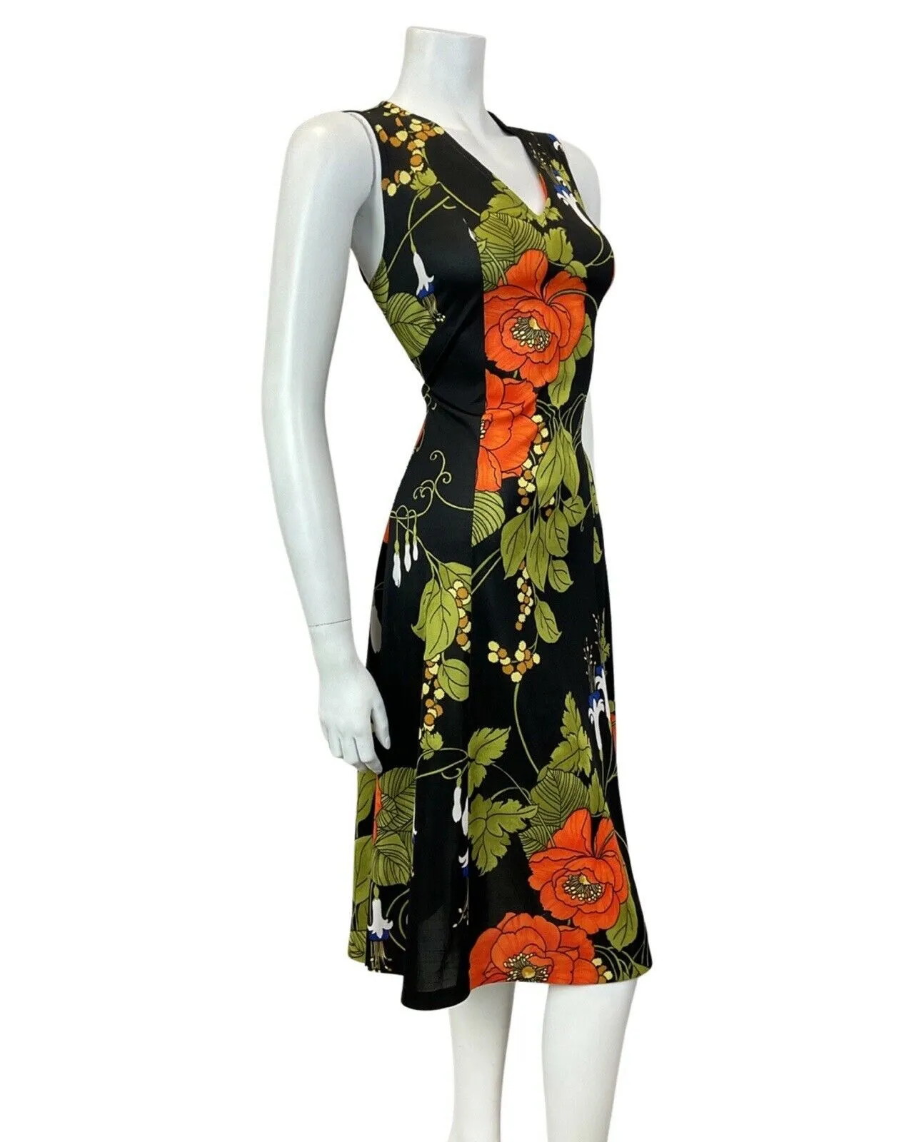 VINTAGE 60s 70s BLACK ORANGE GREEN FLORAL SLEEVELESS SUMMER DRESS 10 12