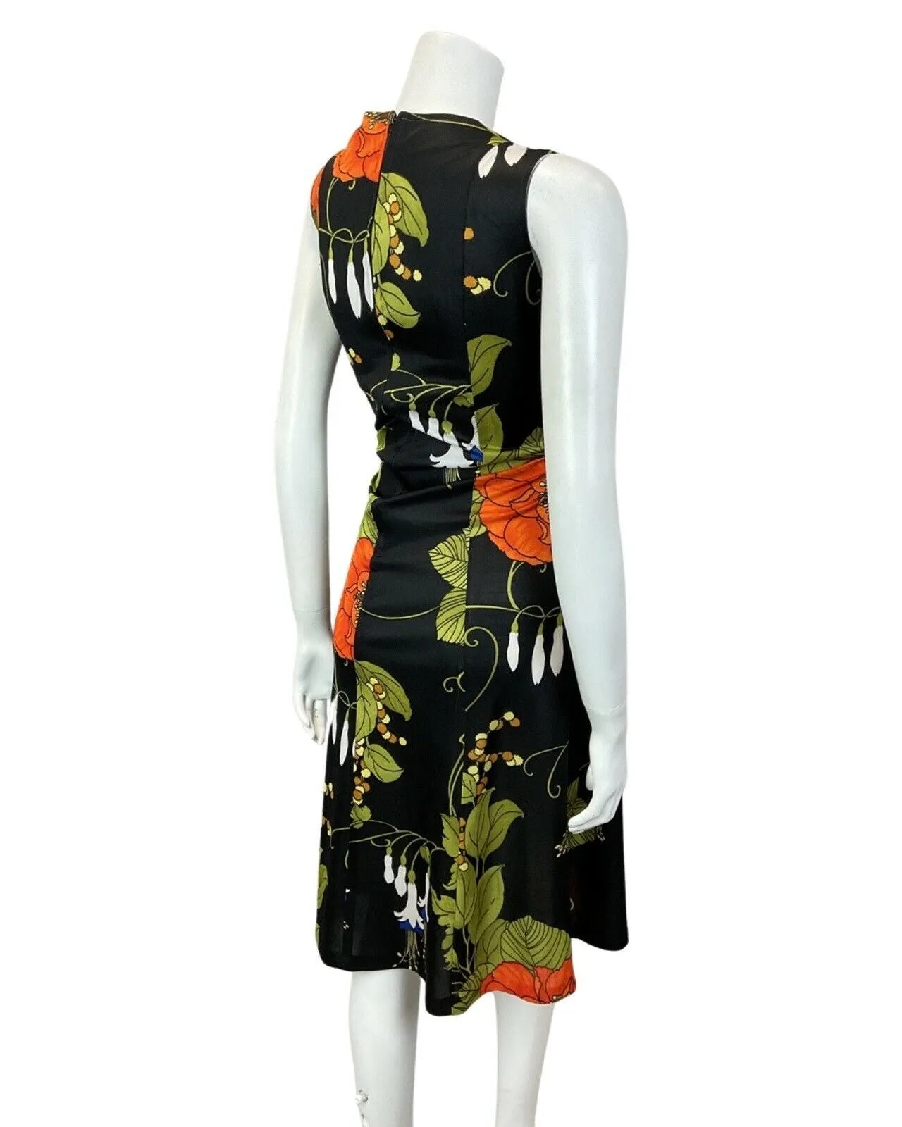 VINTAGE 60s 70s BLACK ORANGE GREEN FLORAL SLEEVELESS SUMMER DRESS 10 12