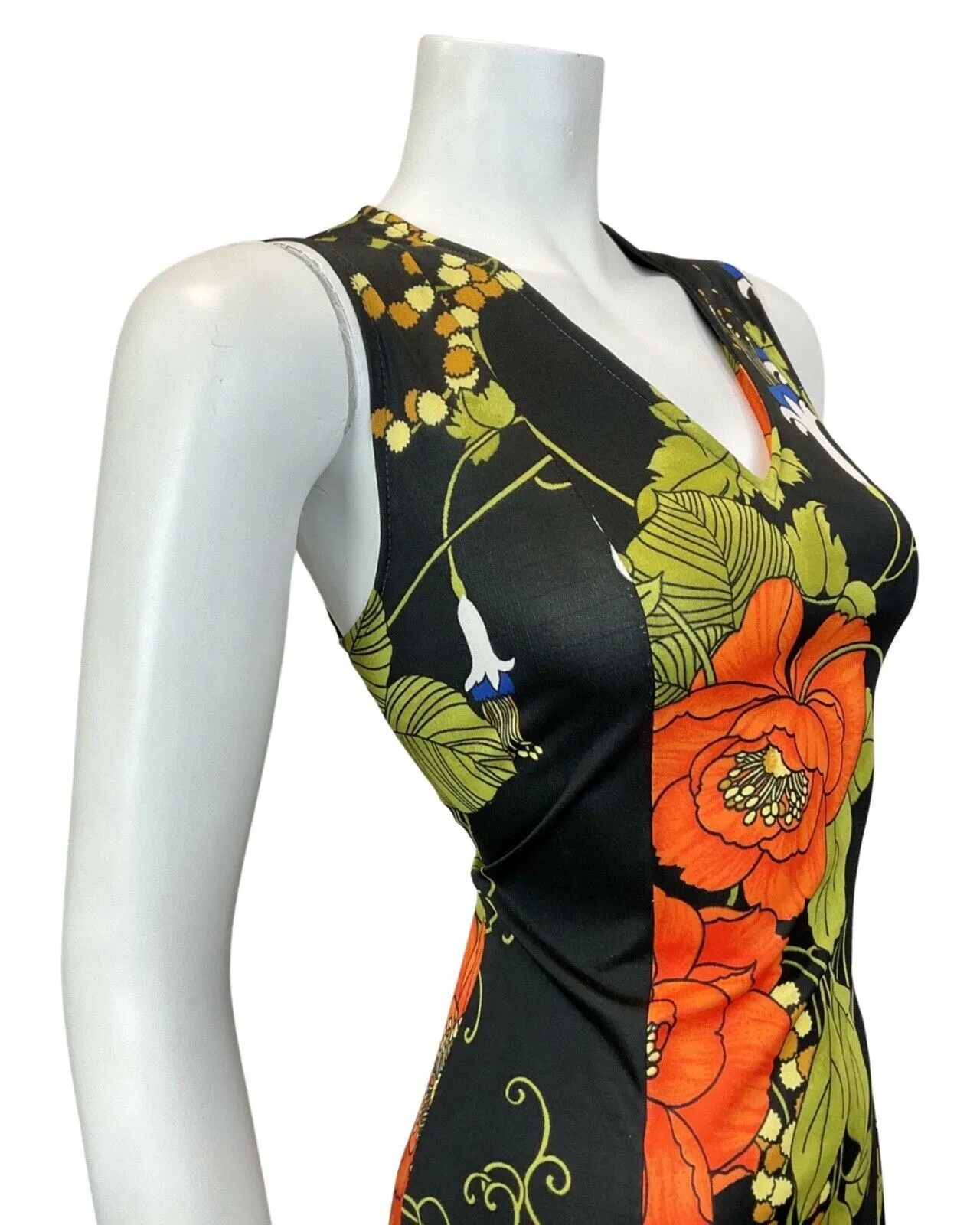 VINTAGE 60s 70s BLACK ORANGE GREEN FLORAL SLEEVELESS SUMMER DRESS 10 12