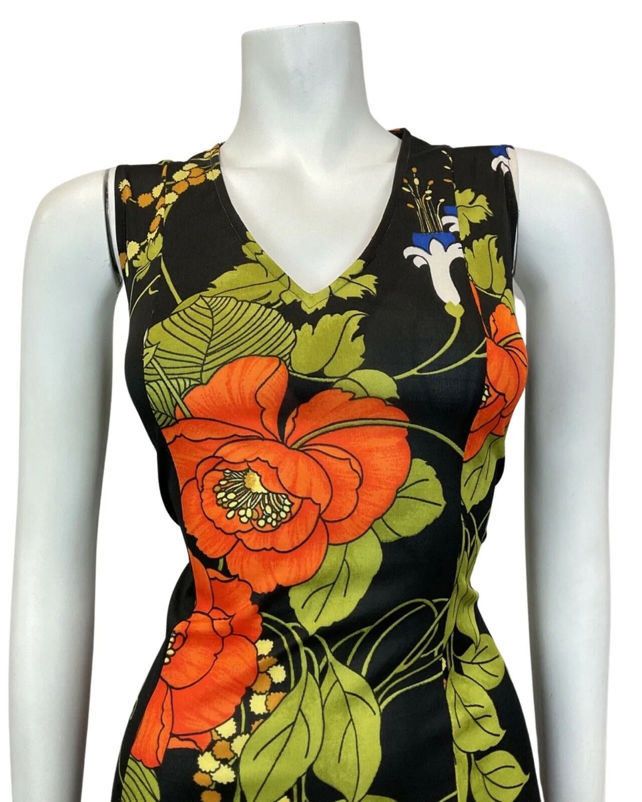 VINTAGE 60s 70s BLACK ORANGE GREEN FLORAL SLEEVELESS SUMMER DRESS 10 12