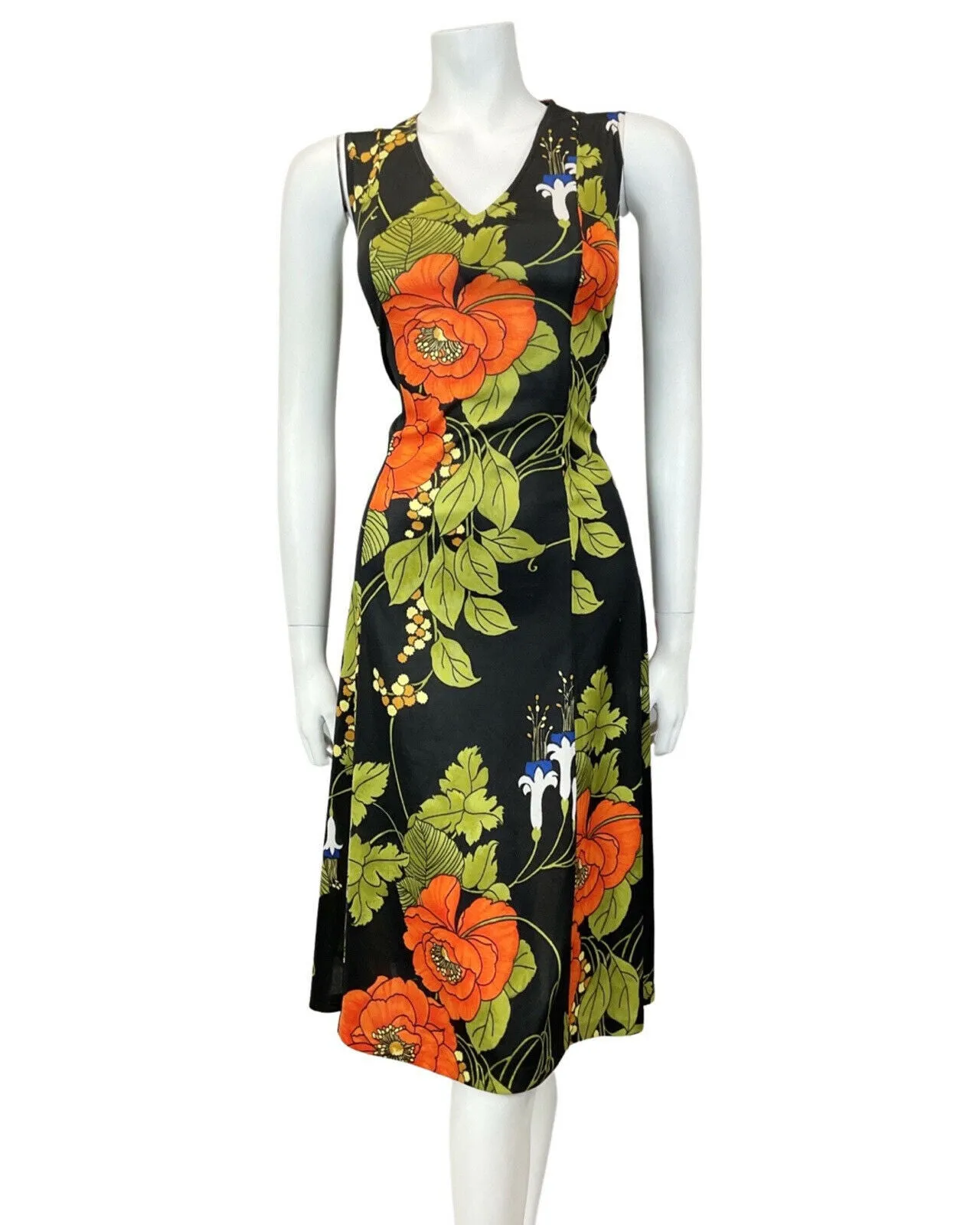 VINTAGE 60s 70s BLACK ORANGE GREEN FLORAL SLEEVELESS SUMMER DRESS 10 12