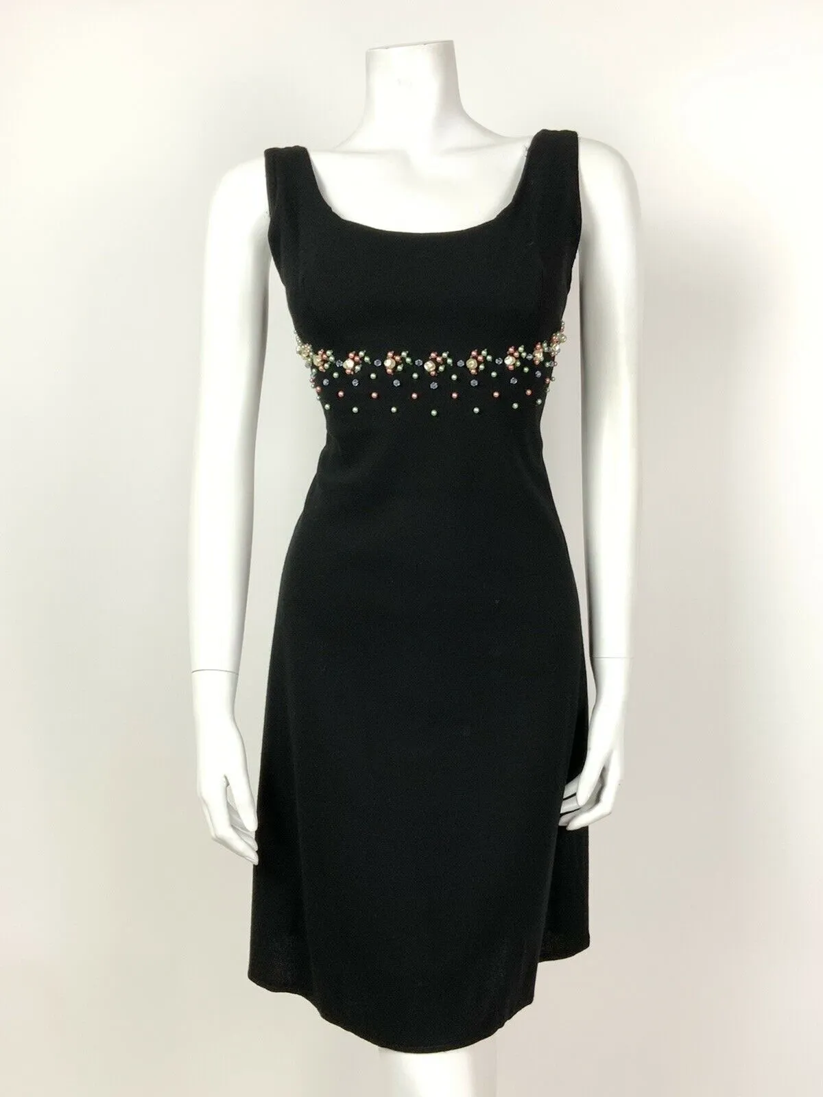 VINTAGE 60s 70s BLACK PINK GREEN BLUE PEARL BEADED EMPIRE LINE PARTY DRESS 8 10