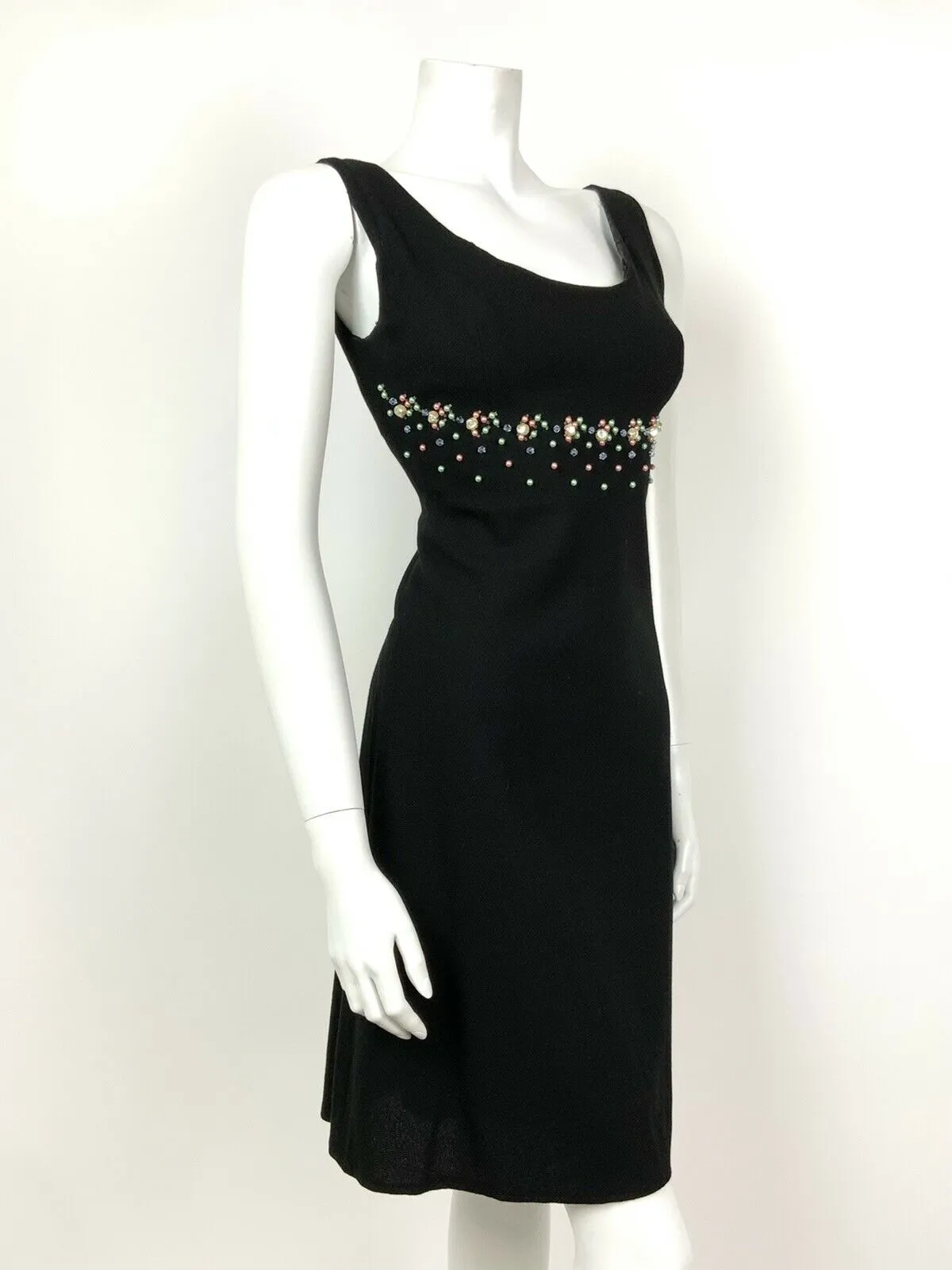 VINTAGE 60s 70s BLACK PINK GREEN BLUE PEARL BEADED EMPIRE LINE PARTY DRESS 8 10