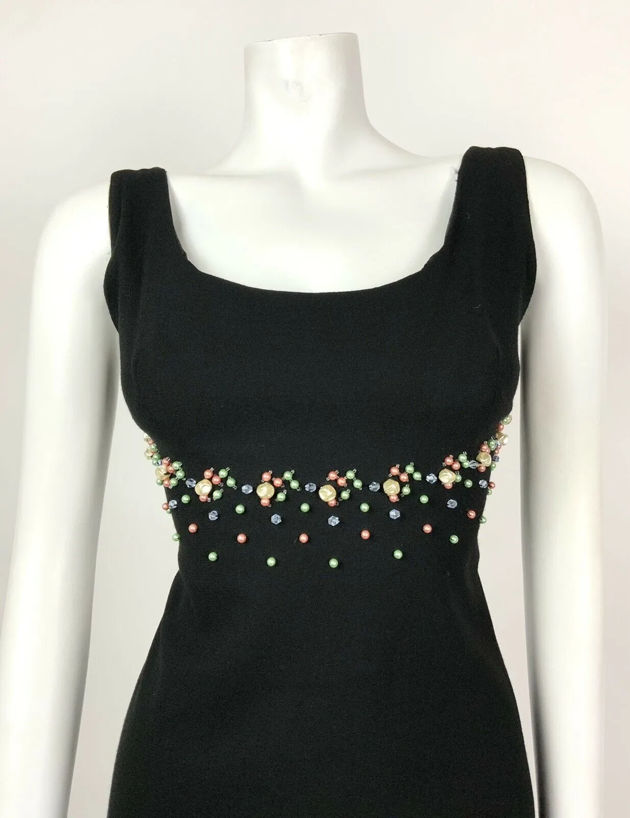 VINTAGE 60s 70s BLACK PINK GREEN BLUE PEARL BEADED EMPIRE LINE PARTY DRESS 8 10