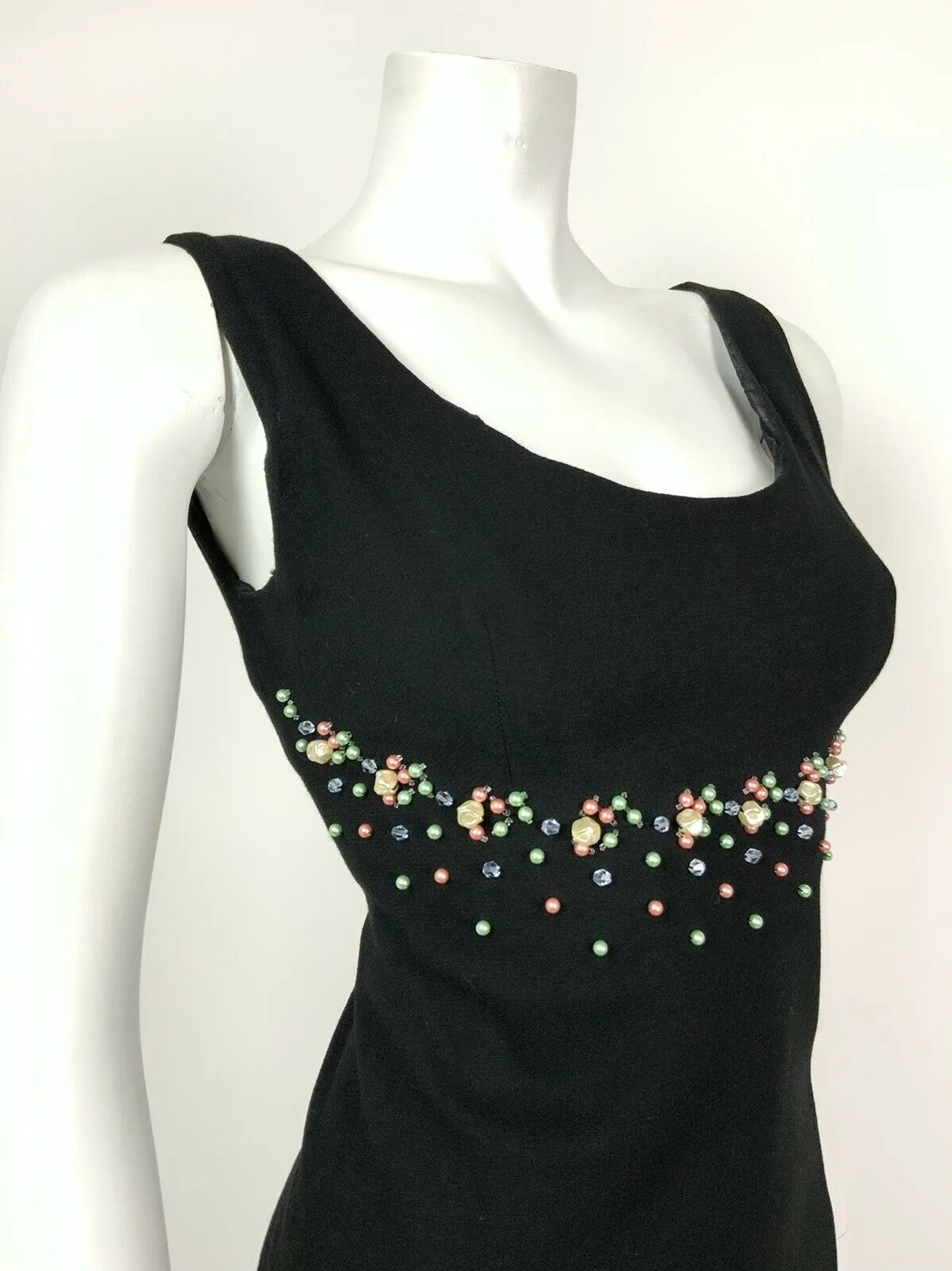 VINTAGE 60s 70s BLACK PINK GREEN BLUE PEARL BEADED EMPIRE LINE PARTY DRESS 8 10