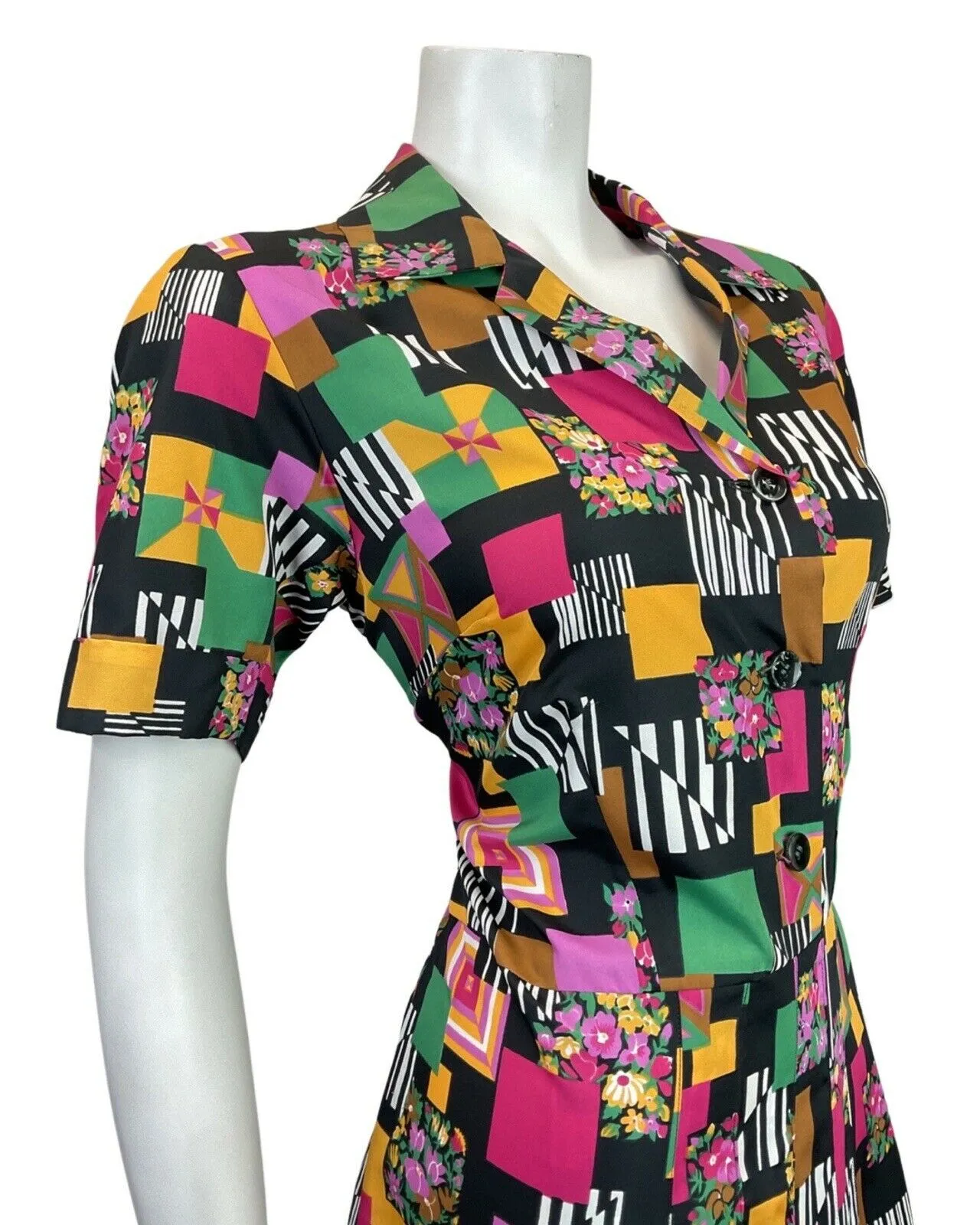 VINTAGE 60s 70s BLACK PINK YELLOW GREEN GEOMETRIC STRIPED FLORAL SHIRT DRESS 14