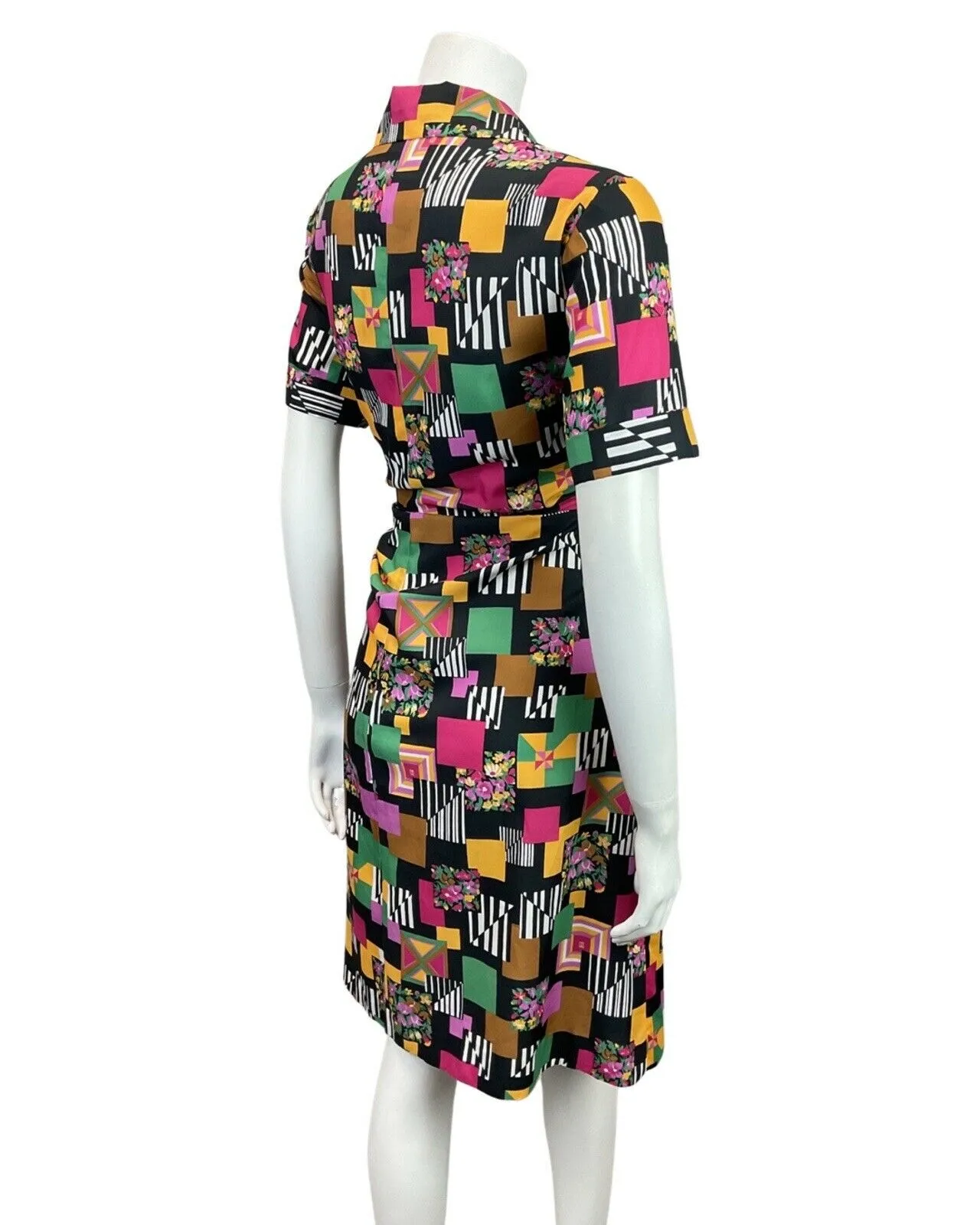 VINTAGE 60s 70s BLACK PINK YELLOW GREEN GEOMETRIC STRIPED FLORAL SHIRT DRESS 14