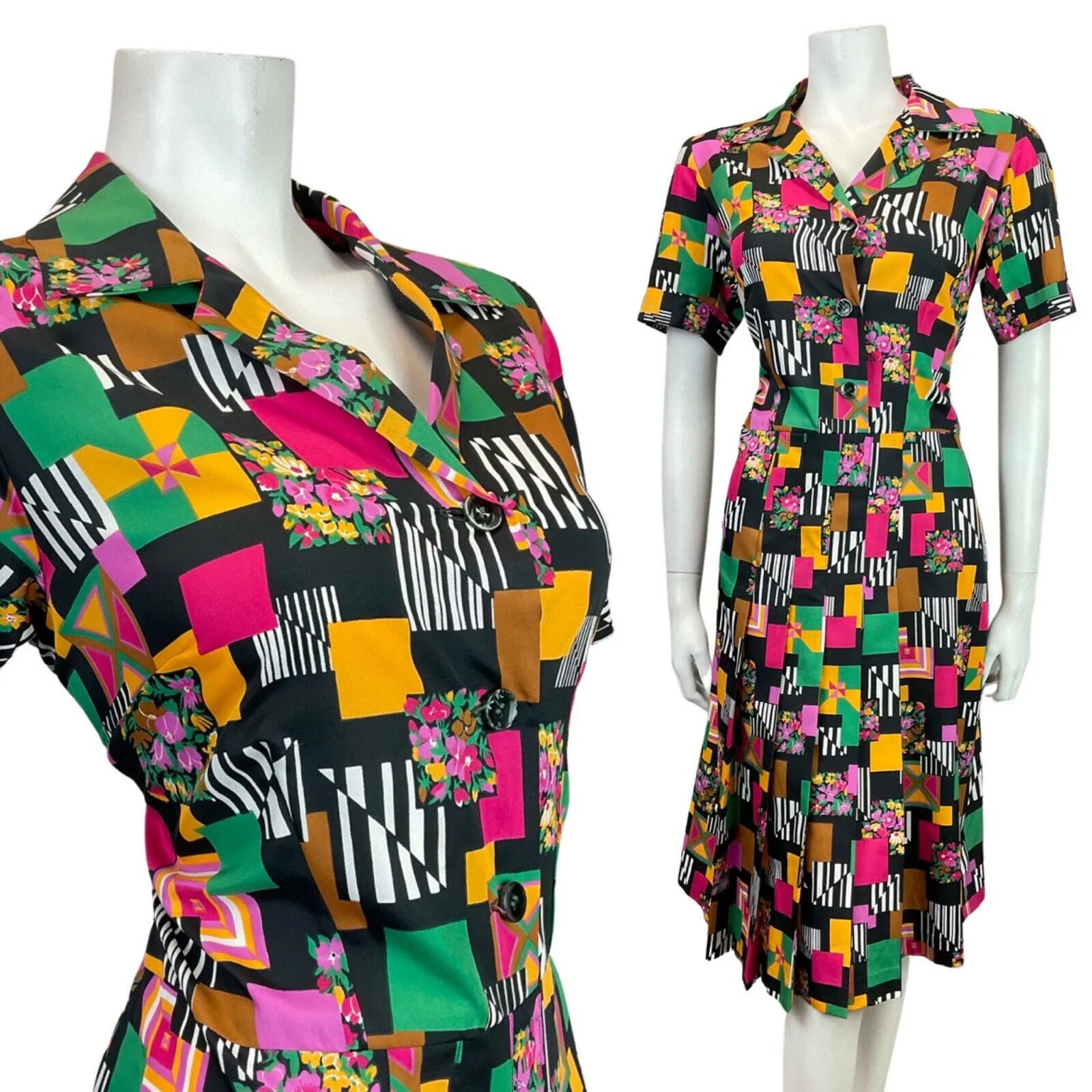 VINTAGE 60s 70s BLACK PINK YELLOW GREEN GEOMETRIC STRIPED FLORAL SHIRT DRESS 14