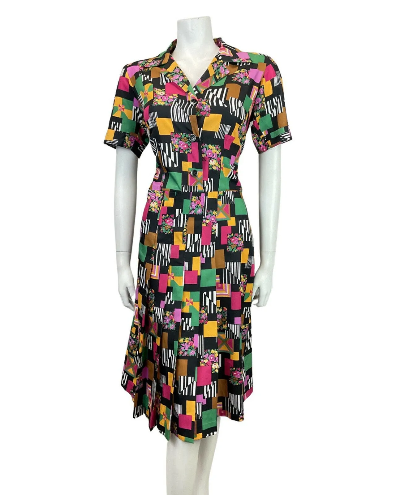 VINTAGE 60s 70s BLACK PINK YELLOW GREEN GEOMETRIC STRIPED FLORAL SHIRT DRESS 14